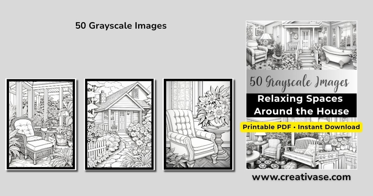 Social preview for “Relaxing Spaces Around the House” grayscale coloring book with three sample pages, bold title, and “Printable PDF • Instant Download” badge.