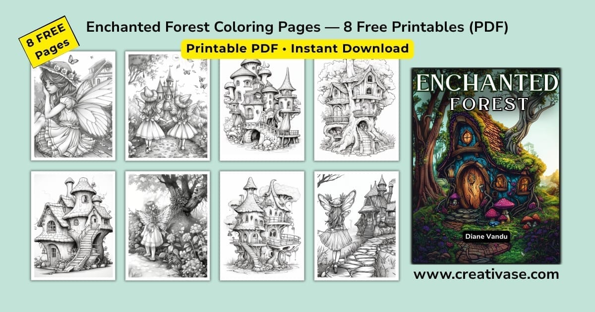 Preview of 8 free Enchanted Forest coloring pages with fairy houses and fairies, large book cover on the right, and a “Printable PDF • Instant Download” badge.