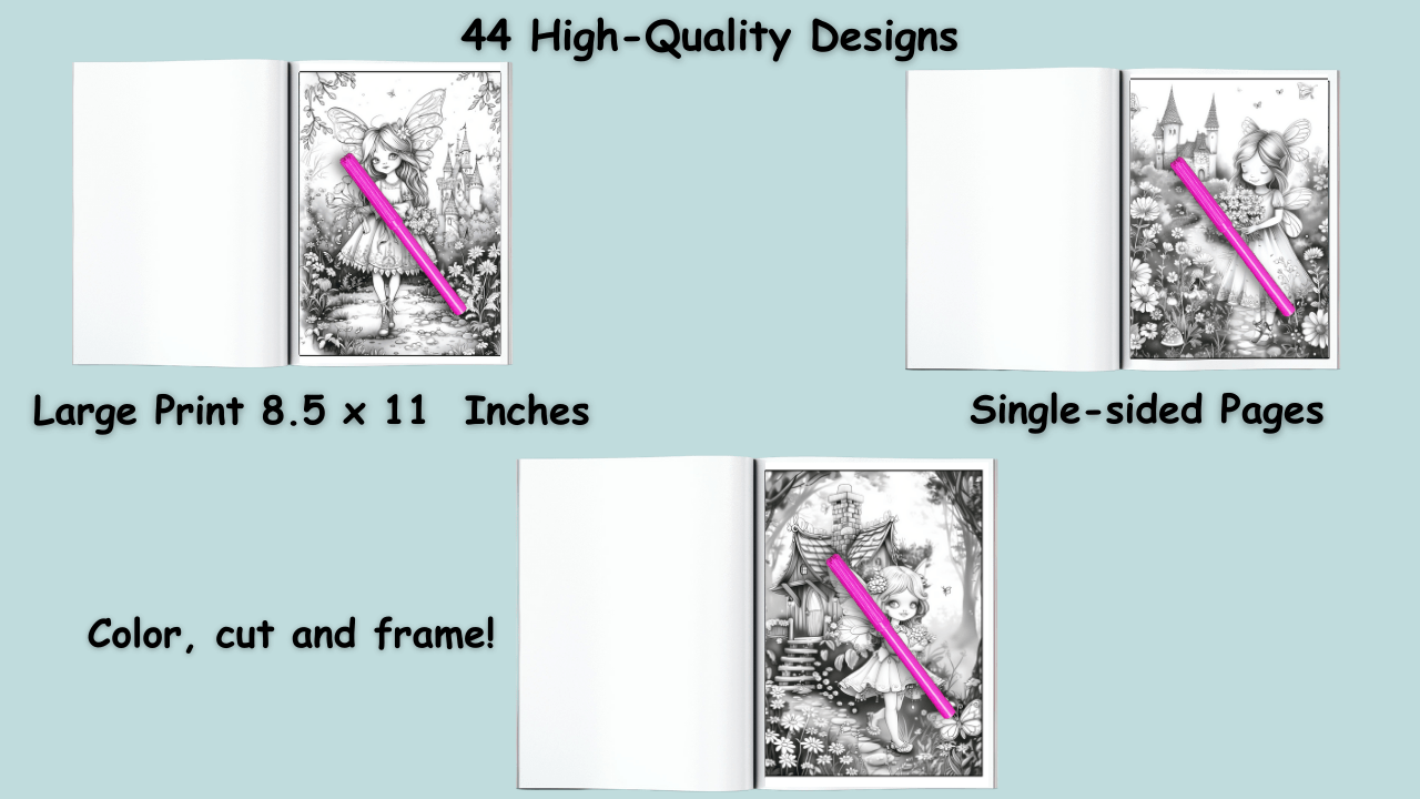 Forest Fairies coloring book feature graphic showing 44 high-quality designs with large print 8.5×11 inches, single-sided pages, and “color, cut and frame” examples with open books and fairy illustrations.