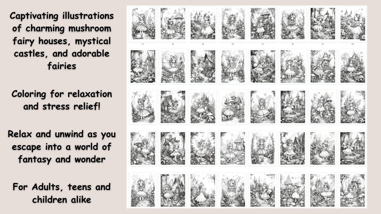 Preview grid of 44 forest fairy coloring pages showing fairies, fairy houses, mushrooms, and castles, with captions highlighting relaxation and stress relief.