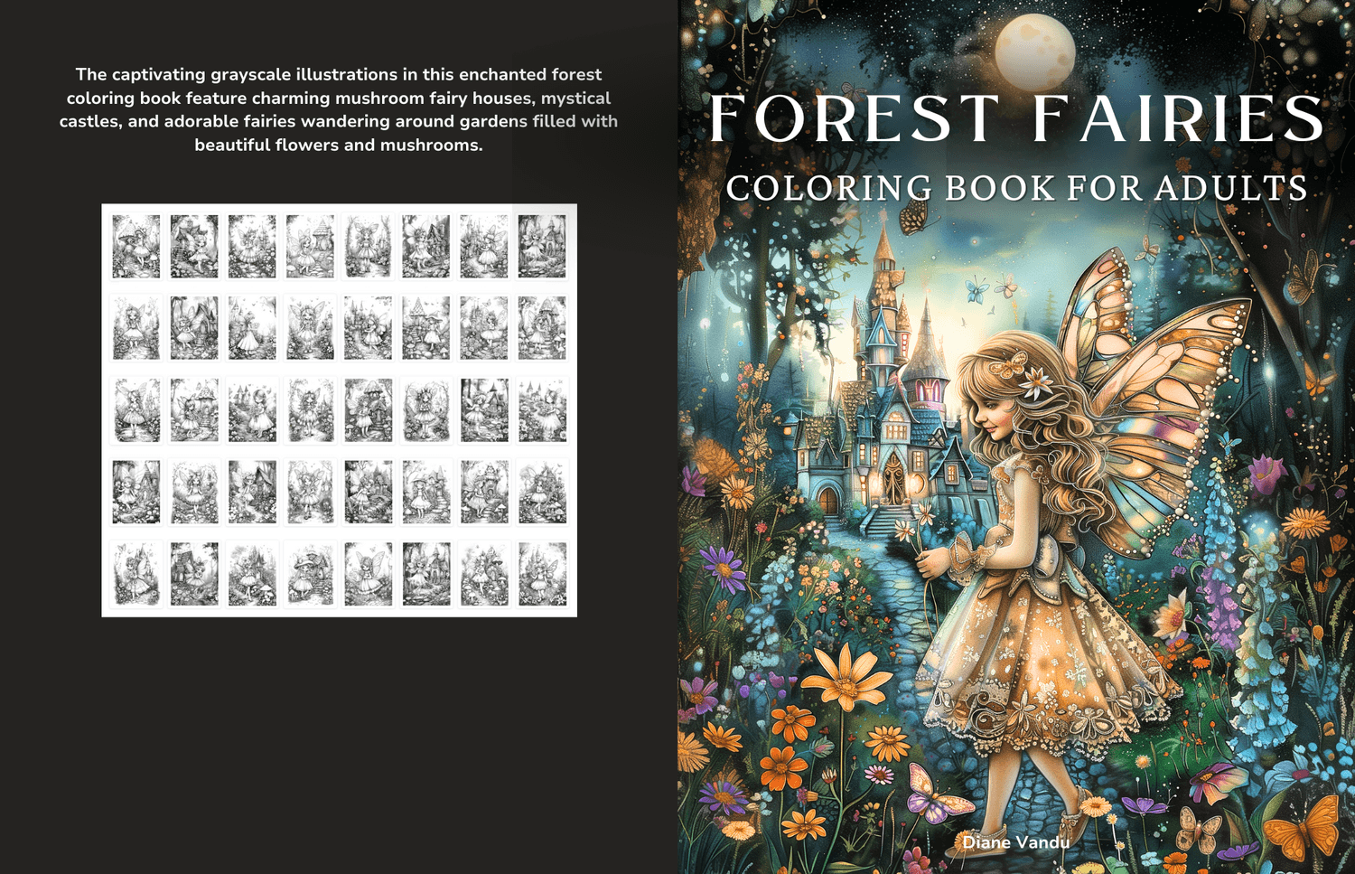 Forest Fairies coloring book showcase with large moonlit fairy cover on the right and a 44-page thumbnail grid with grayscale fairy houses, castles, mushrooms, and garden scenes on the left.