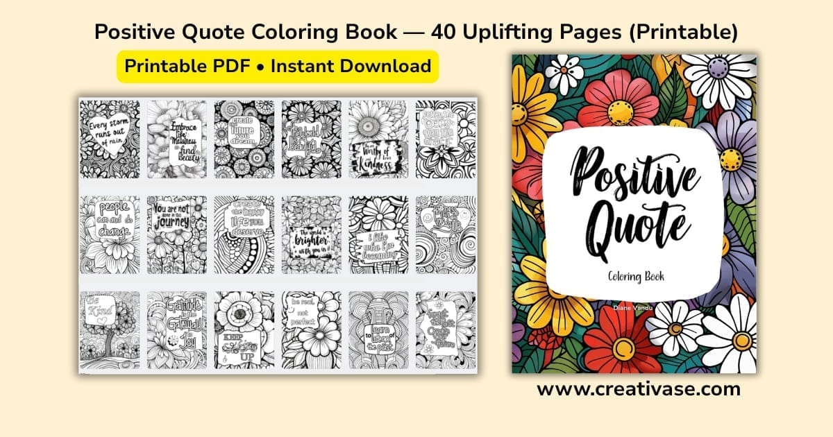 Social preview for Positive Quote Coloring Book showing a grid of inspirational quote pages, floral cover, and a badge reading Printable PDF • Instant Download.