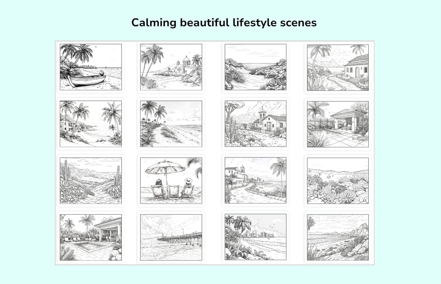 Grid of coastal coloring pages for adults showing calm lifestyle scenes—boats on shore, palm-lined beaches, seaside cottages, boardwalk pier, and umbrella chairs by the ocean.