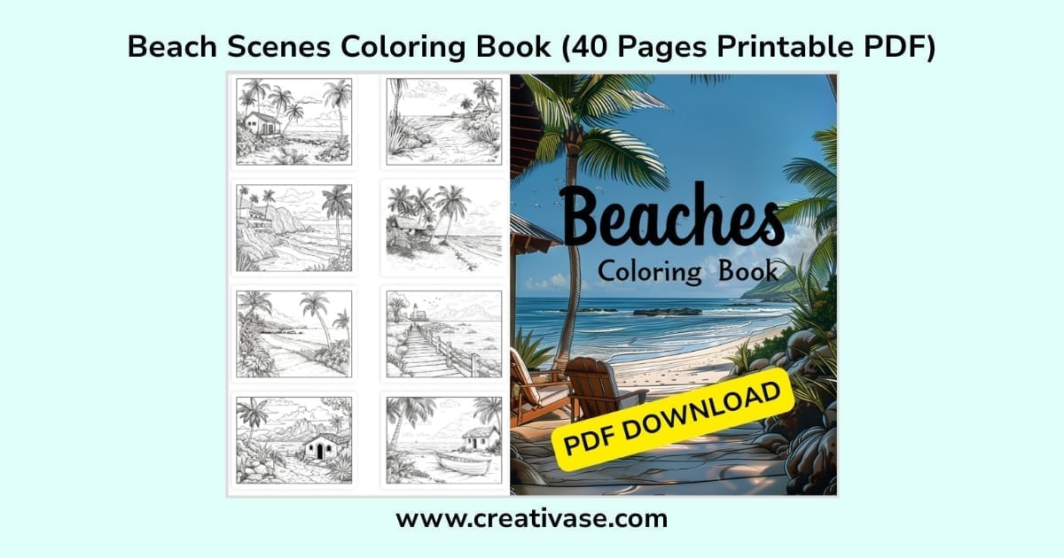 Thumbnail grid of beach coloring pages showing palm trees, shorelines, boats, boardwalks, piers, and seaside cottages.