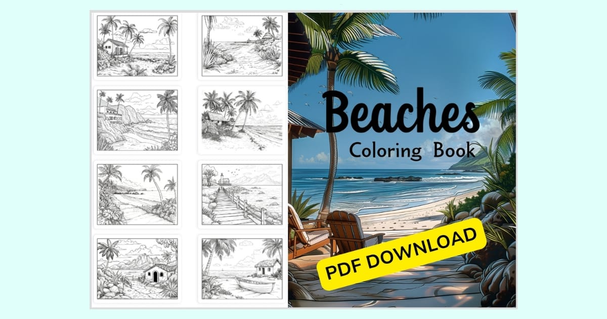 Thumbnail grid of beach coloring pages showing palm trees, shorelines, boats, boardwalks, piers, and seaside cottages.