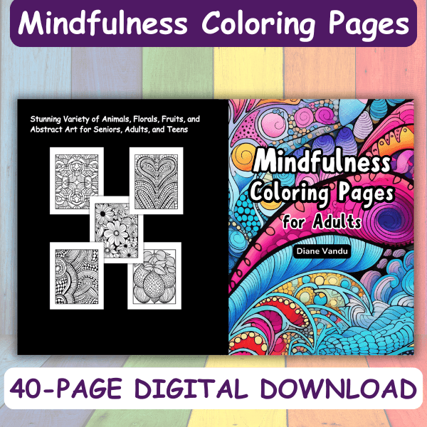 Mindfulness Zentangle Coloring Pages book cover and sample pages with detailed abstract floral and pattern designs. Includes a 40-page digital download for stress relief and relaxation.