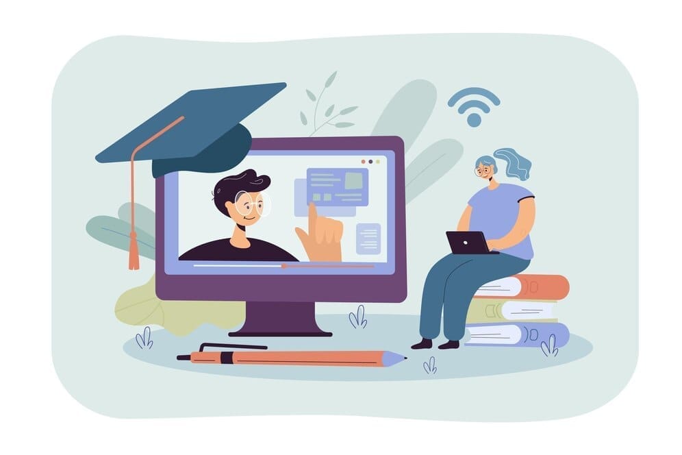 Vector illustration depicting the concept of online education with digital devices and learning elements.