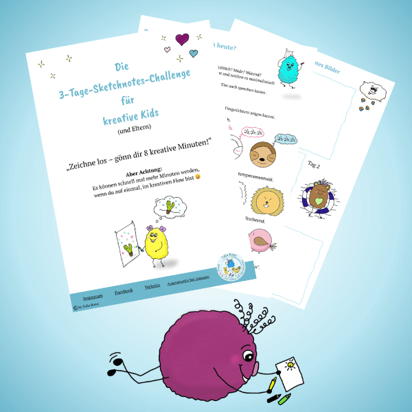 Cover des Buch "der kreative Sketchnotes Workshop für Kinder" und eine kleine Skurrilie Figur mit Blumenstrauß die sagt: "Mein Geschenk für dich!"