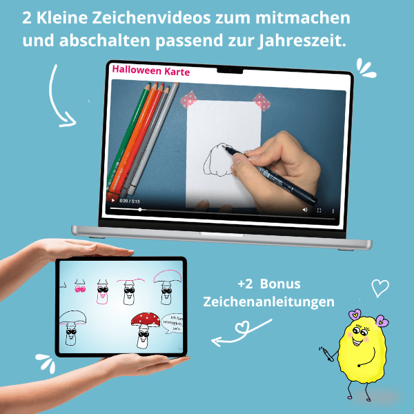 Cover des Buch "der kreative Sketchnotes Workshop für Kinder" und eine kleine Skurrilie Figur mit Blumenstrauß die sagt: "Mein Geschenk für dich!"