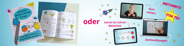 Empfehulg das Buch "Der kretive Sketchnote Workshop für Kinder" und den passenden Kurs für Groß und Klein "Sketchnote Starter" von Talia Bonn