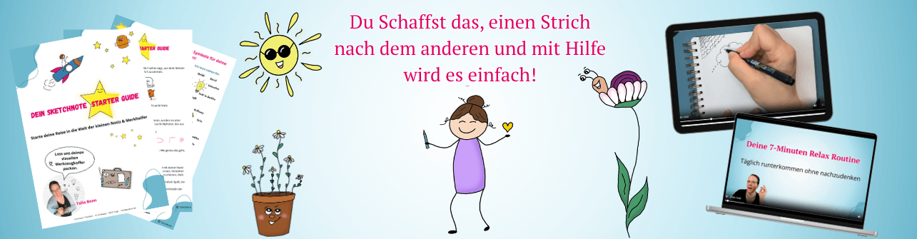 Empfehulg das Buch "Der kretive Sketchnote Workshop für Kinder" und den passenden Kurs für Groß und Klein "Sketchnote Starter" von Talia Bonn