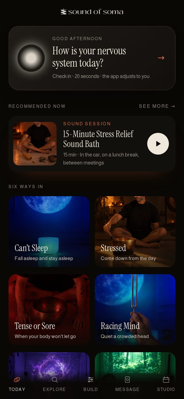 The Today screen: a nervous system check-in, a recommended sound session and six ways in