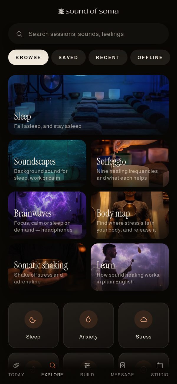 The Explore screen with sleep, soundscapes, solfeggio, brainwaves, body map, somatic shaking and learn