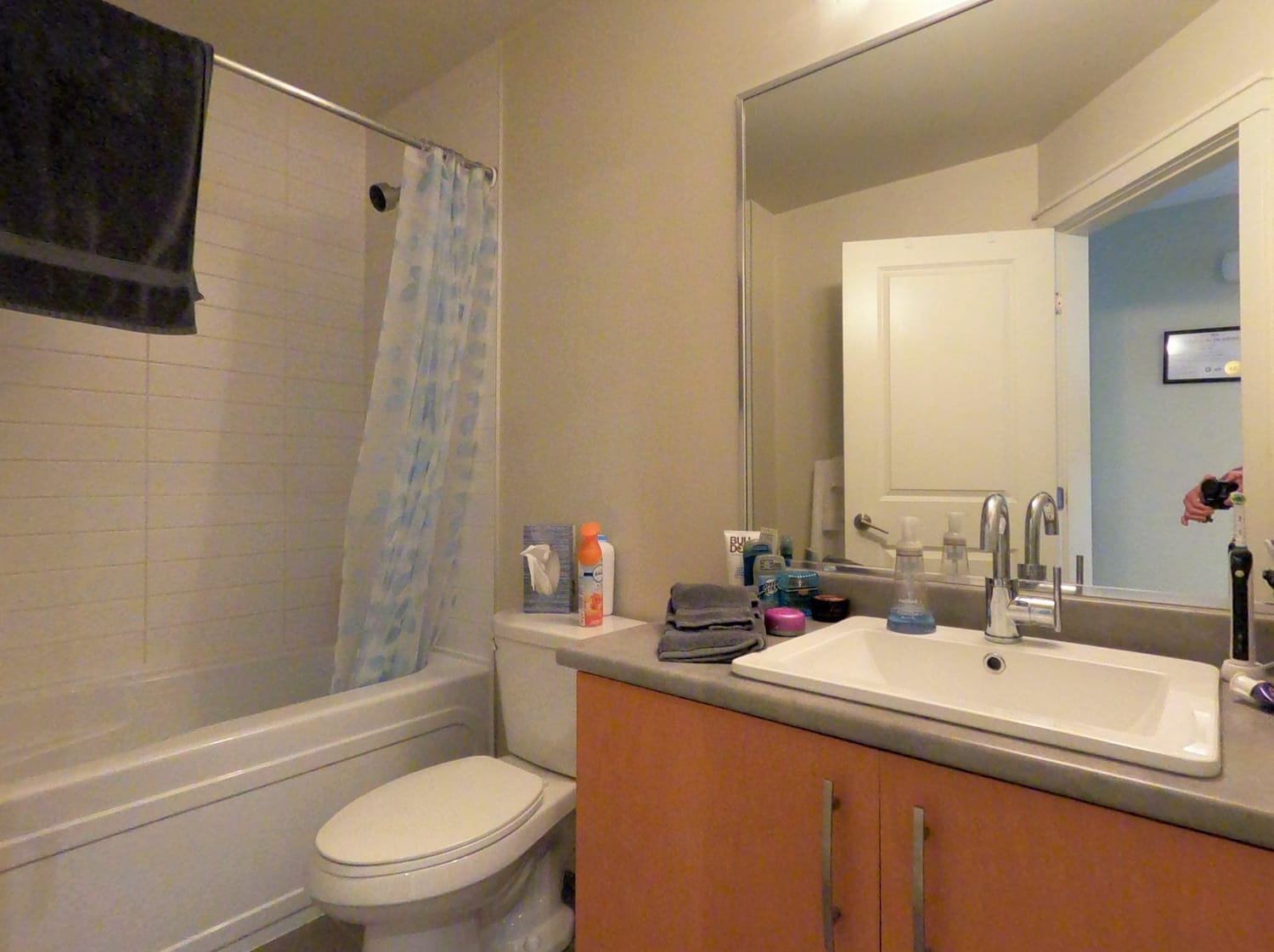 Coach house bathroom with tub and shower, South Surrey