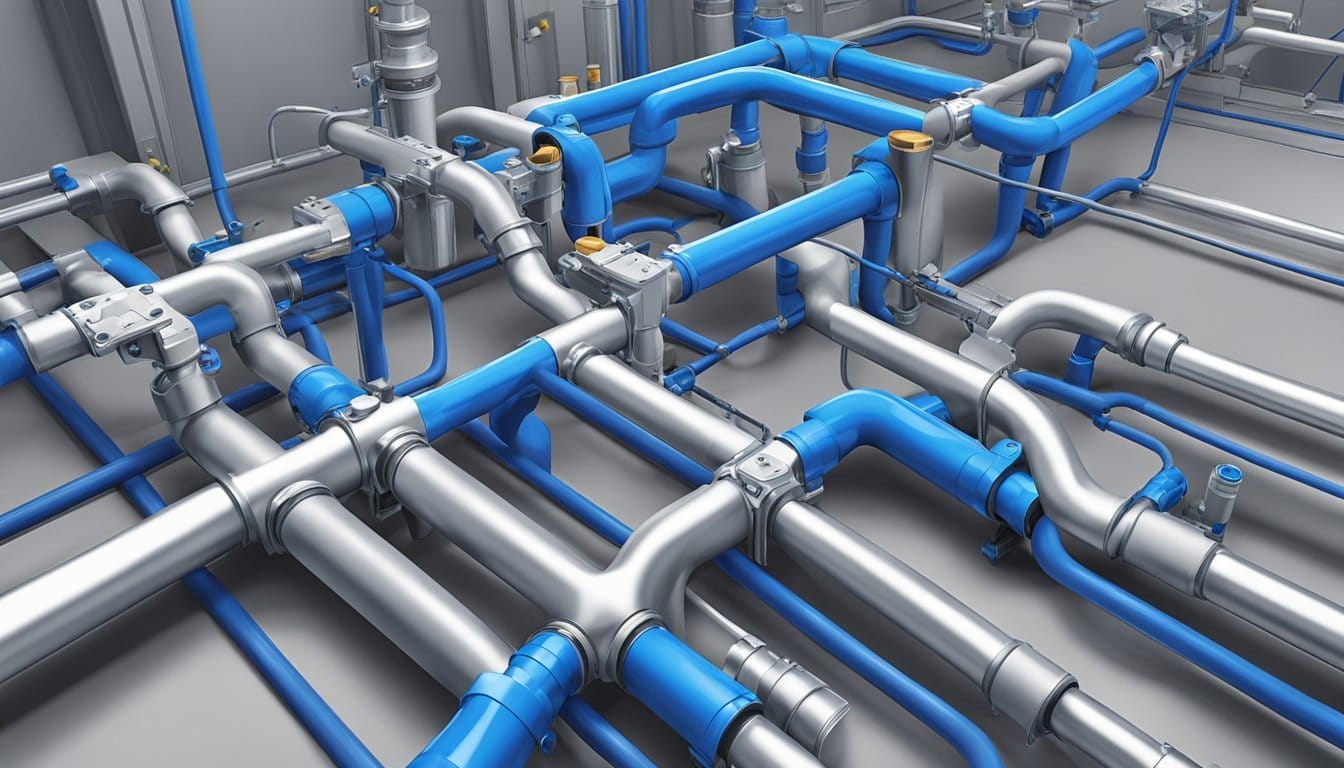 Poly B pipes and Poly B plumbing: a network of blue pipes running through a building
