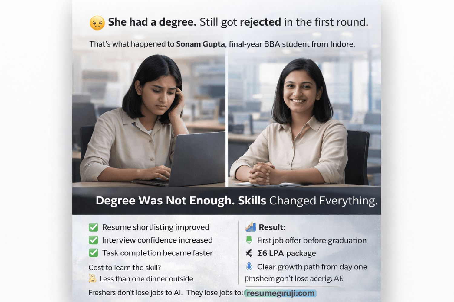 Fresher success story showing how learning ChatGPT skills helped Sonam Gupta get her first job offer before graduation.