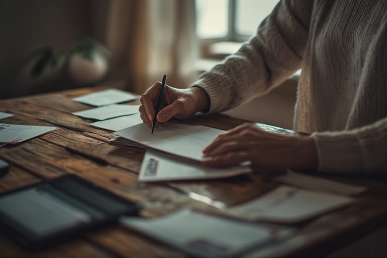 A woman preparing American Bill Money (ABM) postcards for mailing at home on a clean table under bright daylight.