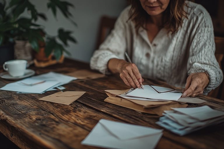 Mother at home preparing envelopes for ABM American Bill Money direct mail business opportunity
