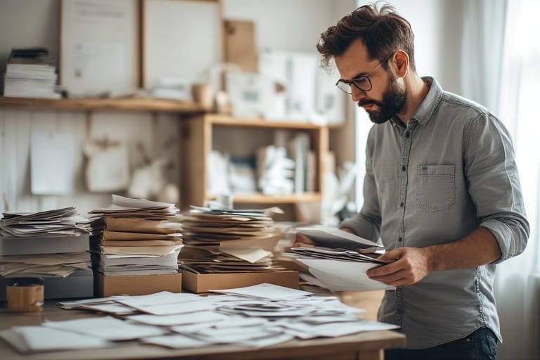 A man organizing American Bill Money (ABM) postcards and envelopes at home, preparing them for direct mail delivery.