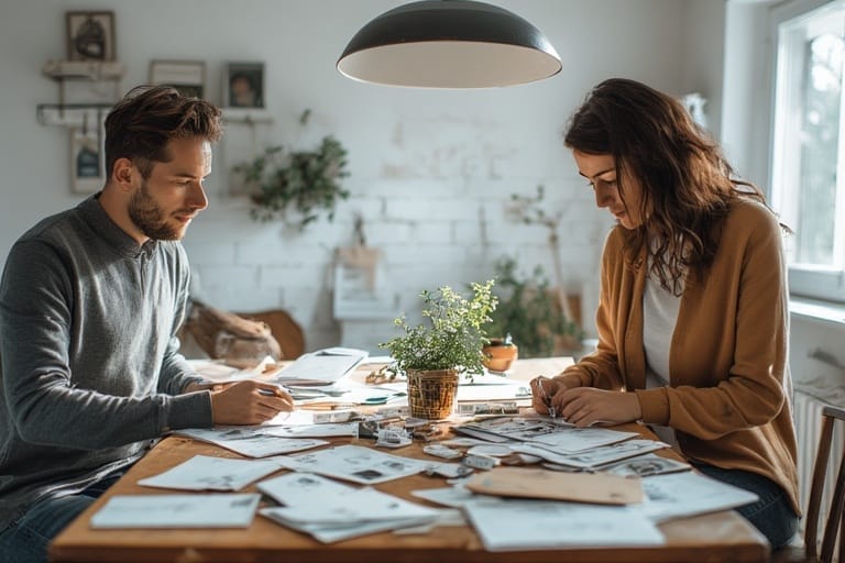 A person preparing American Bill Money (ABM) postcards for mailing at home as part of a direct mail marketing system.