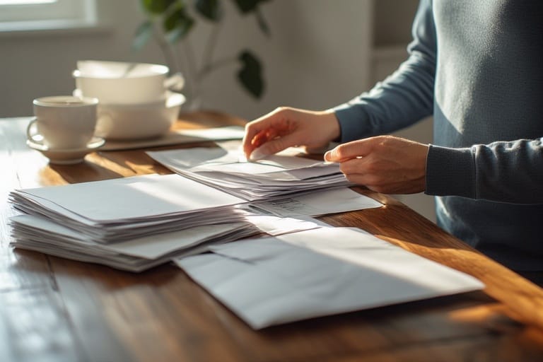 A person reviewing ABM American Bill Money postcards at a home desk, symbolizing the truth behind real direct-mail marketing.
