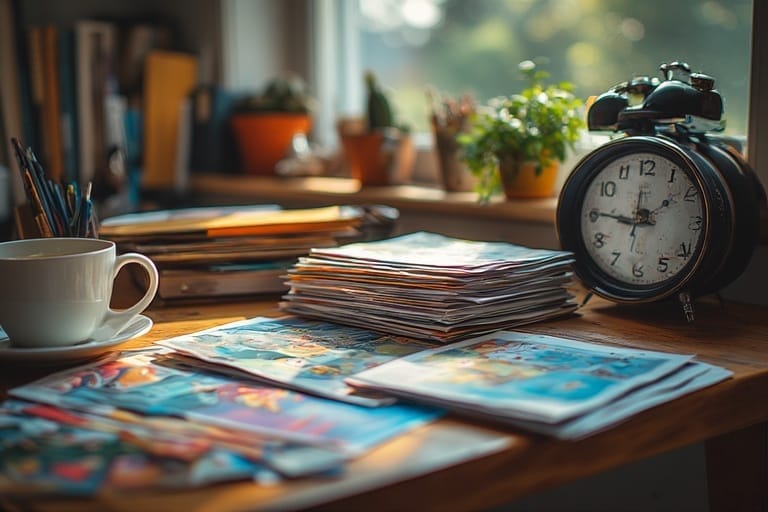 A person using spare time at home to prepare American Bill Money postcards for mailing as part of an offline income system.