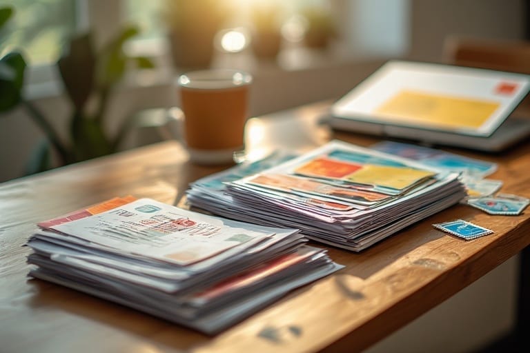 A person preparing colorful postcards at a desk, representing American Bill Money’s offline marketing system for beginners.