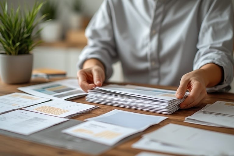 A beginner sitting at a kitchen table preparing postcards and flyers for American Bill Money’s offline marketing system.