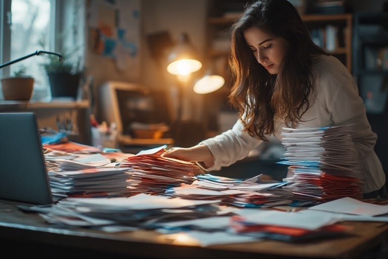 A person preparing American Bill Money postcards at home for mailing as part of a direct mail marketing system.