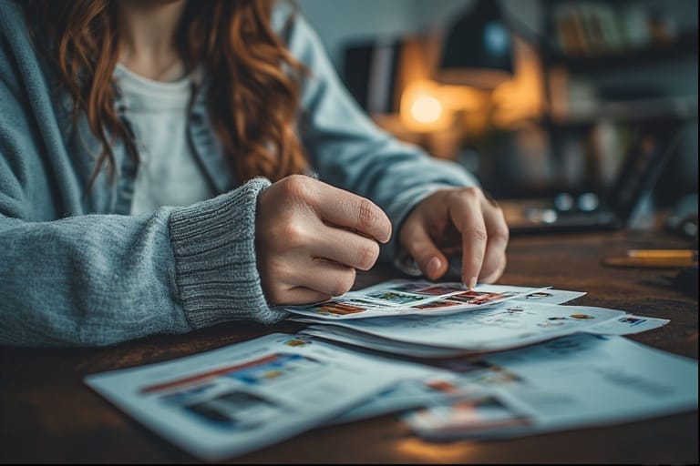 A person working from home preparing American Bill Money direct mail postcards to build a successful home based business.