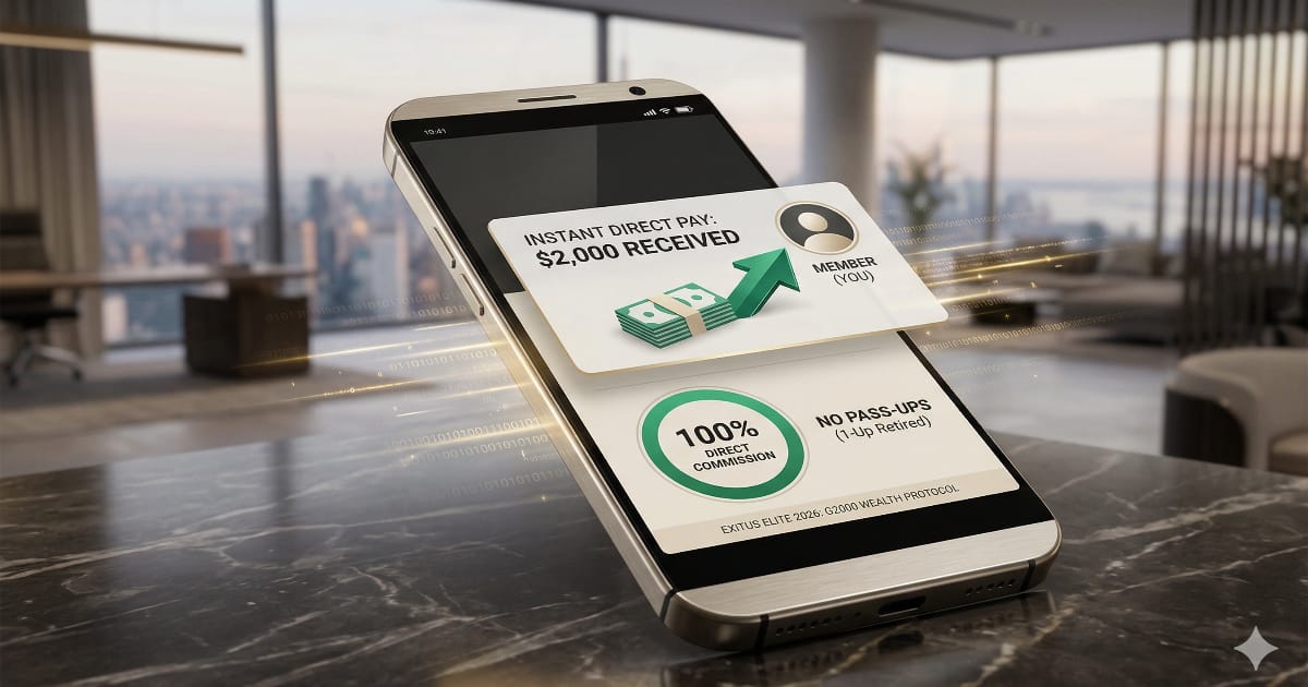 Digital graph showing instant 100% direct commissions with the 2026 Exitus Elite model.