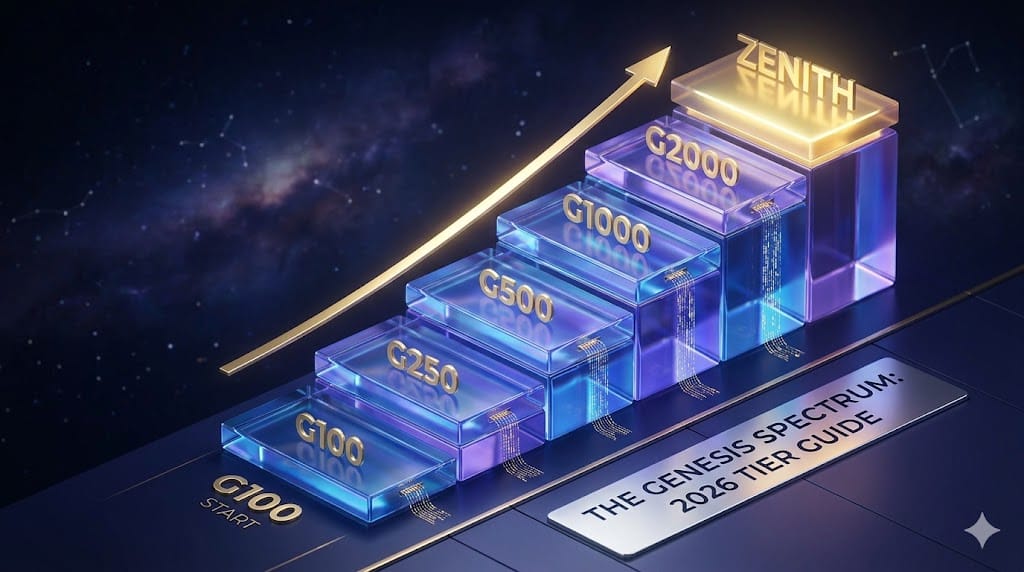 A glowing 3D crystal staircase visually comparing Exitus Elite Genesis tiers G100 through G2000 (The Zenith).