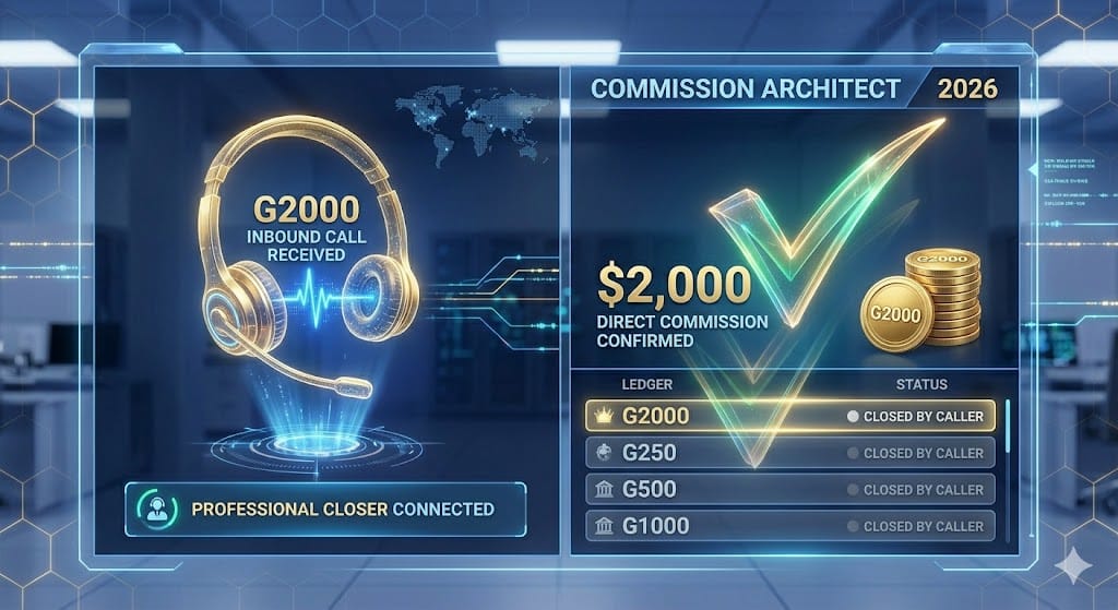 A visualization of the Exitus Elite inbound professional closing system and the golden $2,000 commission checkmark.