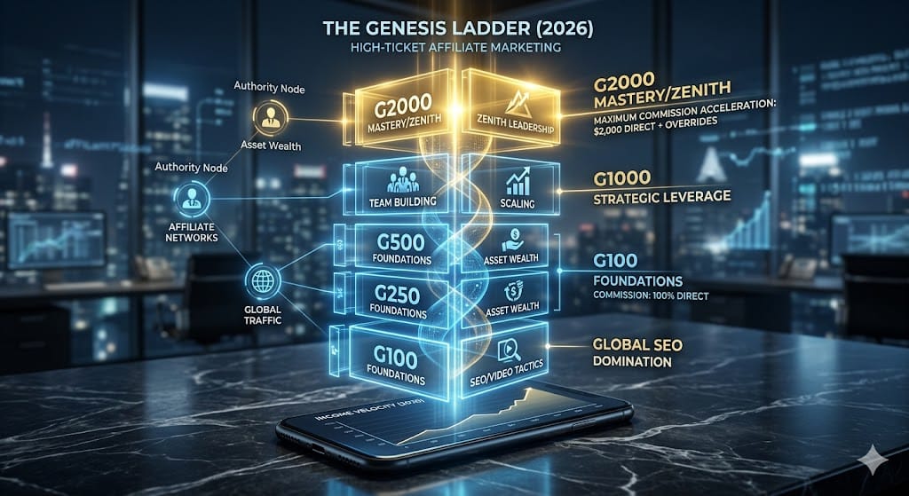 A holographic 3D infographic of the Exitus Elite Genesis Ladder, illustrating scaling from G100 skill acquisition to G2000 high-ticket wealth acceleration. The ultimate roadmap for total SEO domination in 2026.
