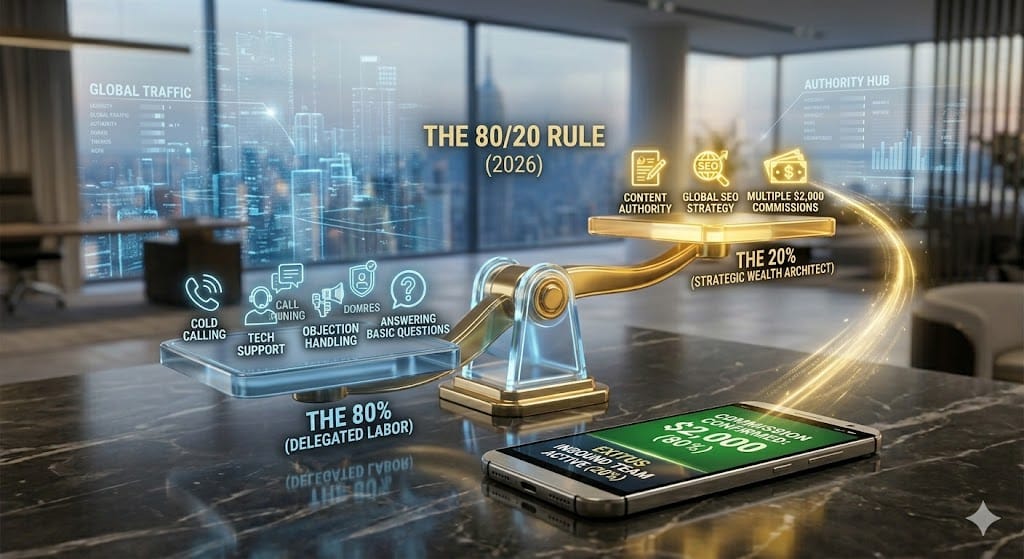 A holographic 3D infographic of the Pareto Principle (80/20 rule) in Exitus Elite, illustrating delegating 80% of sales and tech to the inbound closing team to unlock 100% strategic wealth. The ultimate time-freedom leverage.