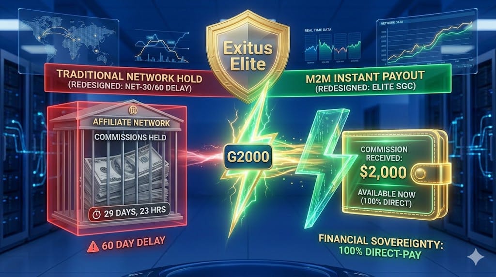 A holographic 3D infographic illustrating the Exitus Elite Direct-Pay M2M protocol, contrasted against traditional affiliate network commission delays. The ultimate model for immediate G2000 commissions.