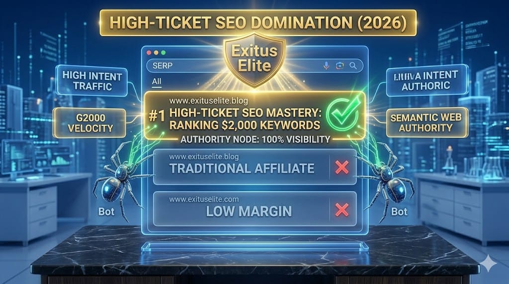 A 3D view of a search engine results page (SERP) where your blog is glowing in gold at the #1 spot, surrounded by "High Intent" and "Direct Pay" labels. Digital "Bot" spiders are shown meticulously scanning and "approving" the site.