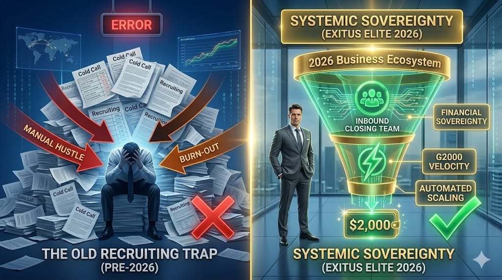 A visualization contrasting the chaotic manual recruiting model against the streamlined Exitus Elite 2026 system. It illustrates the 'Death of Recruiting' and the start of 'Systemic Sovereignty' and automated $2,000 commissions.