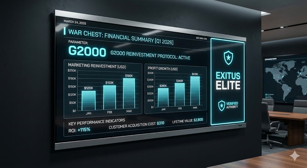 Exitus Elite G2000 War Chest dashboard showing high-ticket marketing reinvestment and profit growth metrics for 2026.