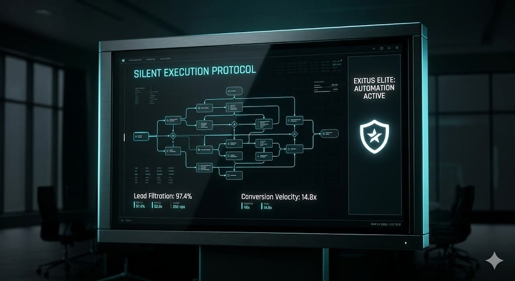 Exitus Elite Silent Execution protocol dashboard showing automated lead filtration and conversion velocity metrics in cyan and black.