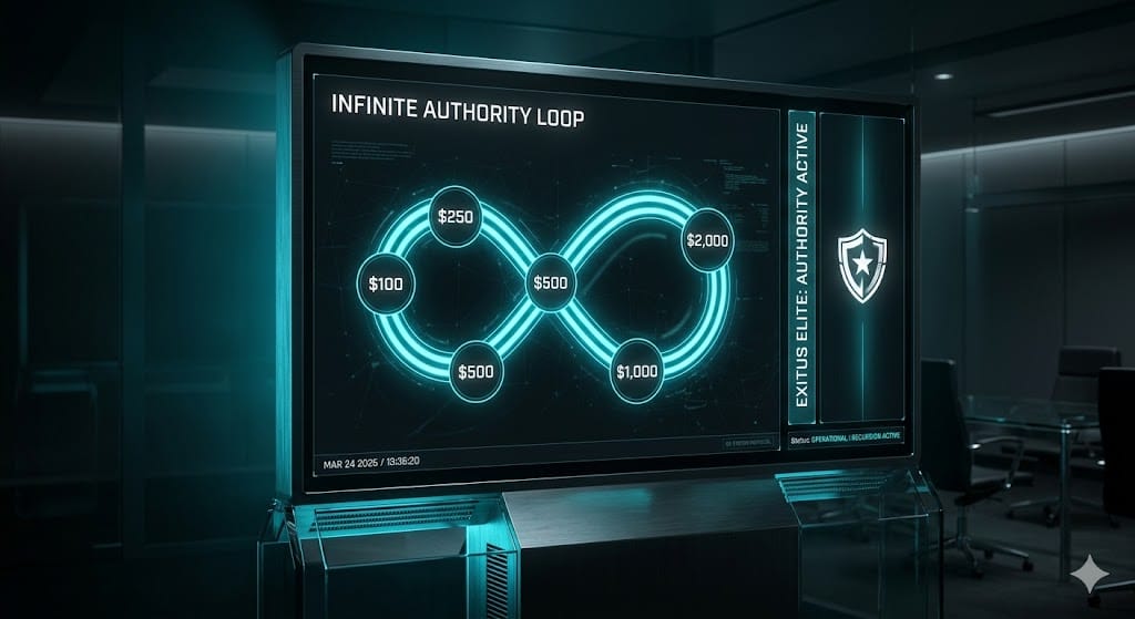 Exitus Elite Infinite Authority Loop diagram showing business scaling across all levels from $100 to $2,000 in cyan and black.