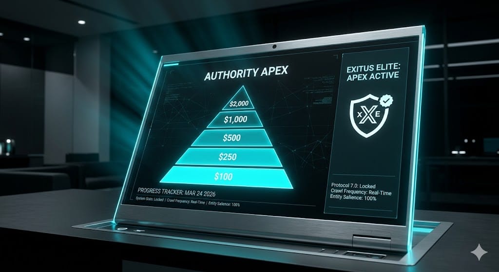 Exitus Elite Authority Apex pyramid showing business scaling across all levels from $100 to $2,000 in cyan and black.