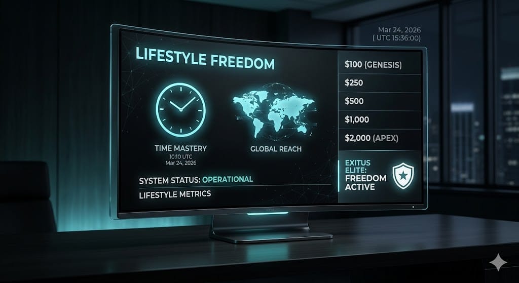 Exitus Elite Professional Freedom dashboard showing global scaling and product tiers from $100 to $2,000 in cyan and black.