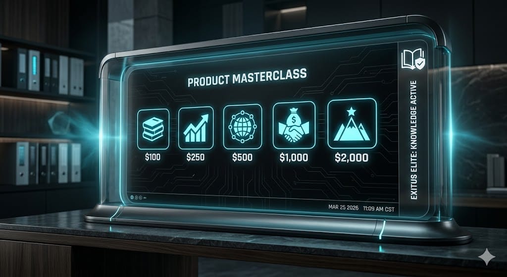 Exitus Elite Digital Product Masterclass dashboard showing the educational tiers from $100 to $2,000 in cyan and black.