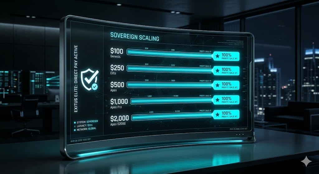 Exitus Elite Sovereign Scaling dashboard showing 100% direct-pay profit on the first sale across all levels from $100 to $2,000 in cyan and black.
