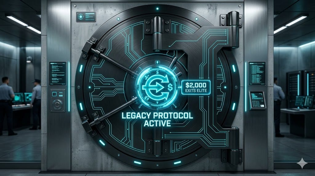 A high-tech digital vault interface featuring the Raul Gonzalez brand colors (Cyan, Black, White), representing the Legacy Protocol and wealth preservation in the Exitus Elite ecosystem.