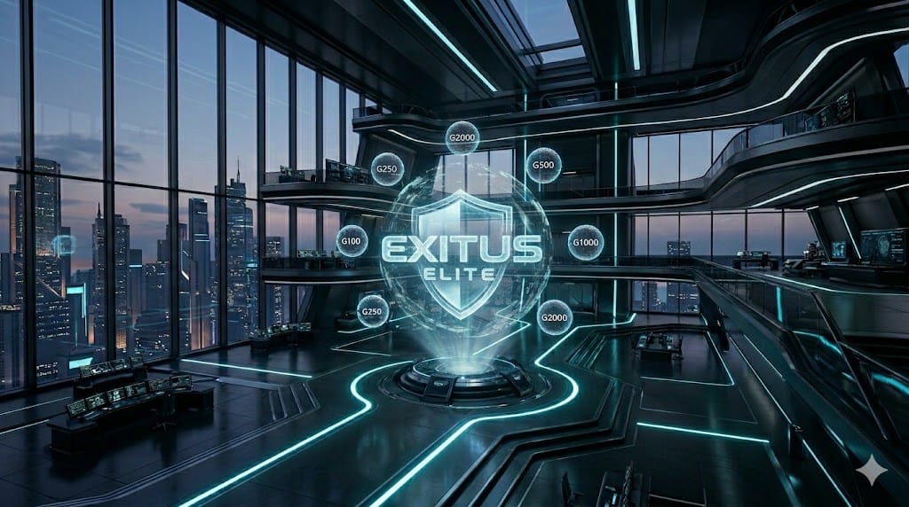 A sprawling, multi-level sovereign headquarters at dusk featuring a central 3D holographic Exitus Elite logo and floating data orbs for levels G100 through G2000, styled in electric cyan and black obsidian.