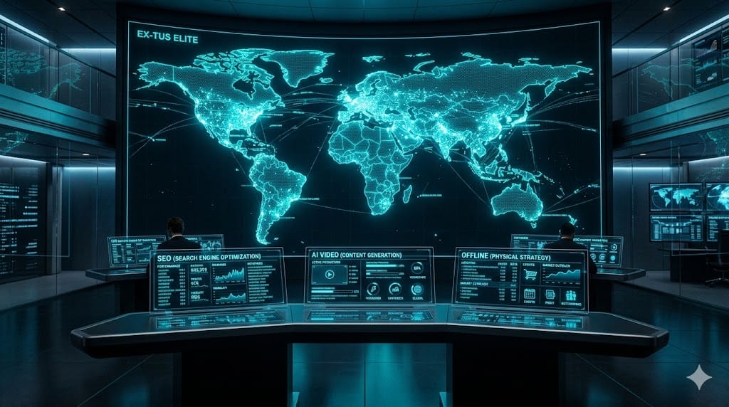 A futuristic digital map of the world with glowing Cyan (#00FFFF) nodes representing a global marketing offensive for Exitus Elite high-ticket affiliate marketing.