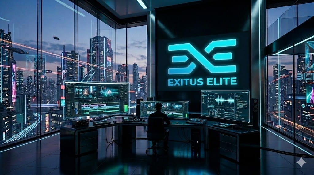 A high-authority command center featuring the official Exitus Elite logo and data streams for G100-G2000 performance levels.