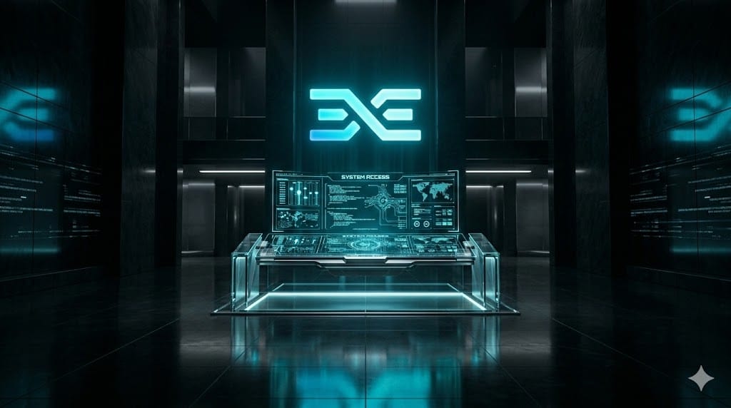 A futuristic high-security digital entry terminal featuring the official EXITUS ELITE logo and glowing Cyan data streams representing a structured high-ticket affiliate marketing system.